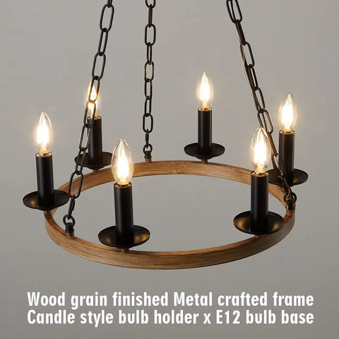 Farmhouse Wagon Wheel Chandelier With 6 Lights Industrial Round Candelabra Pendant Light Fixture for living room wood grain finish