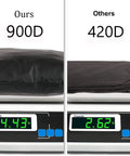 Comparison of weights for 900D and 420D fabric, highlighting the Waterproof 900D Patio Hanging Chaise Lounge Cover For 73 Inch Outdoor Swing Chair Hammock Tough As Nails Heavy Duty All Weather Protection With Taped Seams And Durable Weather Straps.