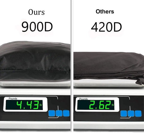 Comparison of weights for 900D and 420D fabric, highlighting the Waterproof 900D Patio Hanging Chaise Lounge Cover For 73 Inch Outdoor Swing Chair Hammock Tough As Nails Heavy Duty All Weather Protection With Taped Seams And Durable Weather Straps.