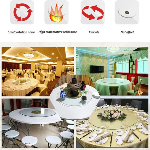 Heavy Duty Glass Lazy Susan Rotating Tray For Kitchen And Dining Rooms Smooth 360 Degree Turntable in various dining settings.