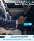 Blazing Fast USB C Car Charger Adapter With 3.4A Output featuring 3FT coiled cable in a car for easy phone charging.
