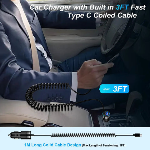 Blazing Fast USB C Car Charger Adapter With 3.4A Output featuring 3FT coiled cable in a car for easy phone charging.