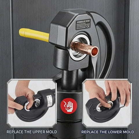 120KN Electric Hydraulic Lug Crimping Tool 12 Dies 6-400MM² Kit showing hydraulic head with copper connector and mold replacement process.