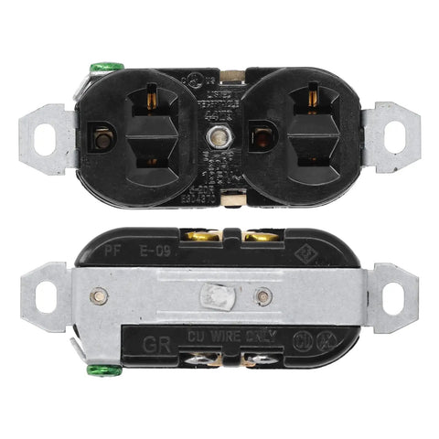 Heavy Duty Industrial Duplex Power Outlet 20 Amp 125 Volt Double Wall Socket For Stove Dryer Generator Tough As Nails brass conductors, top and bottom view.