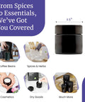 Top Tier Tall Black Glass Storage Vessel With Ultraviolet Filtering Glass To Block Harmful Rays, 2.5 inches high for spices and essentials.