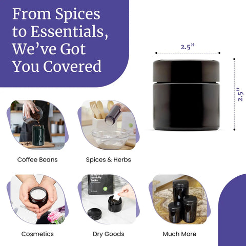 Top Tier Tall Black Glass Storage Vessel With Ultraviolet Filtering Glass To Block Harmful Rays, 2.5 inches high for spices and essentials.