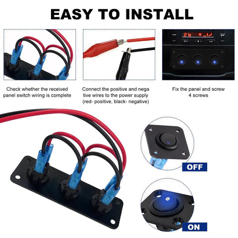 Installation guide for Three Gang Rugged Rocker Toggle Switch Panel With DC 12V 20A Waterproof Blue LED Round Switches