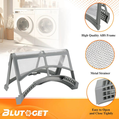 Heavy Duty Dryer Lint Filter Case Screen For Samsung Dryers DVE45T6000W DV42H5200EW DV42H5000EW AP4578777 DC61-02595A Replacement Part shown in different angles with details of ABS frame and metal strainer.