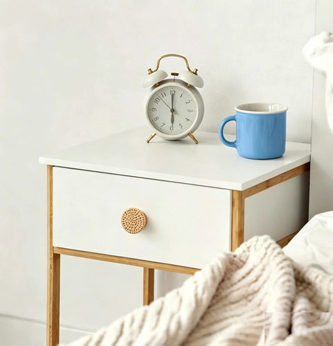 Six Piece Boho Rattan Wood Dresser Knob Set For Cabinets And Drawers Natural Finish Durable 1.57 Inch Diameter And 1.18 Inch Height Fits 16 To 19mm Door Panels Adds Warm Modern Country Chic Look No Sweat Install on white dresser front