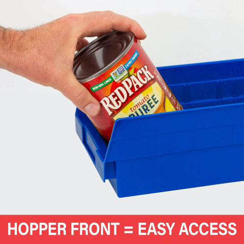 Heavy Duty Plastic Shelf Bins For Garage, Closet And Drawer Organization, showing easy access with hopper front design