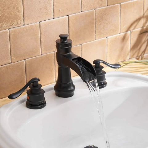 Matte Black 3 Hole Widespread Bathroom Faucet With Two Handles 8 Inch Centers Waterfall Spout Farmhouse Style Includes Pop Up Drain