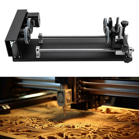 Rock Solid Rotary Attachment For Precision Engraving And Wood Carving Freestanding motorized axis with aluminum build and dual wheels.