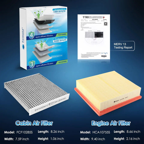 Cabin And Engine Air Filter Kit With Pre Oiled MERV 13 Filters, Two Piece Set For Toyota Avalon Camry Highlander, packaging and filters displayed