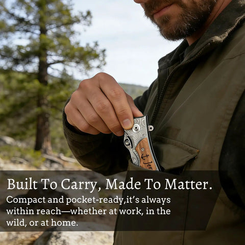 Man holding an Engraved Custom Pocket Knife For Men, Personalized Name And Message, Unique Gift For Husband Father Boyfriend Dad, Premium Steel.