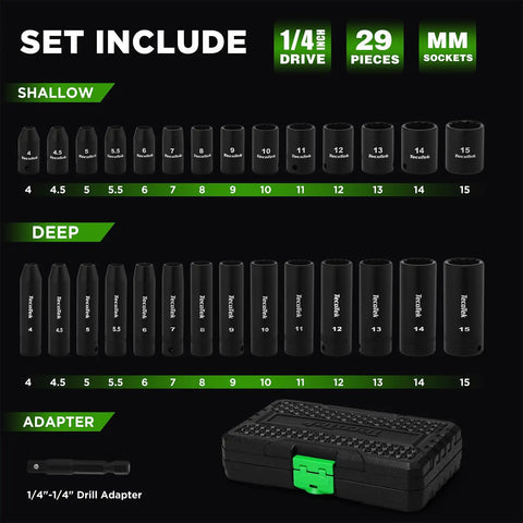 29-Piece 1/4-Inch Drive Impact Socket Set with Shallow and Deep 12-Point Sockets, CR-V Steel, Metric 4-15mm, case view