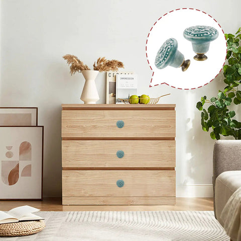 Dresser with 8-Piece Green Ceramic Knobs Set For Vintage Kitchen Cabinets And Dressers, Retro Ceramic Drawer Pulls on display