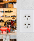Duplex 20 Amp 250 Volt Wall Outlet Straight Blade Receptacle in workshop, 6-15R 6-20R White