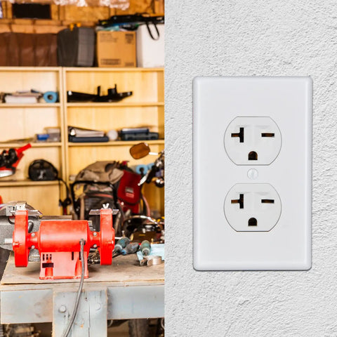 Duplex 20 Amp 250 Volt Wall Outlet Straight Blade Receptacle in workshop, 6-15R 6-20R White