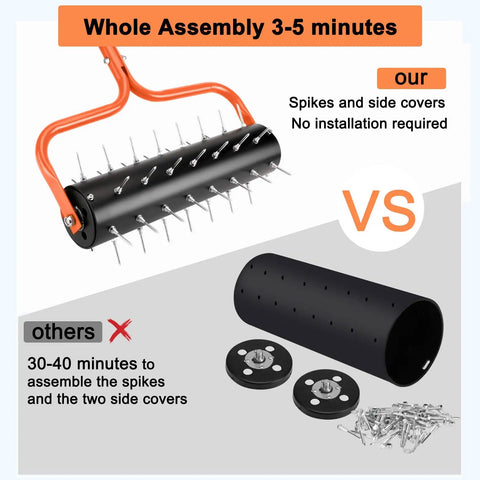 21-Inch Rolling Lawn Aerator With 45 Preassembled Spikes, No-Fuss 3 To 5 Minute Assembly, illustrated assembly comparison