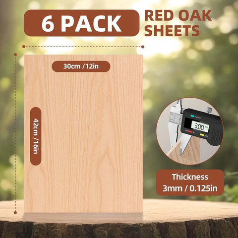 Front view of 6-pack red oak plywood sheets, 12x16 inches, 1/8 inch thick (3 mm), unfinished craft wood