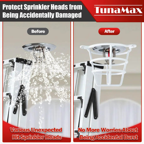 Straight Up Heavy Duty White Sprinkler Cage Guards Designed To Block Accidental Hits On Recessed Ceiling Pipes showing before and after protection.