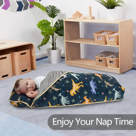 Toddler sleeping on Cozy Toddler Nap Mat With Pillow All In One Thickened Extra Large Sleeping Bag For Travel Daycare Naps Plush