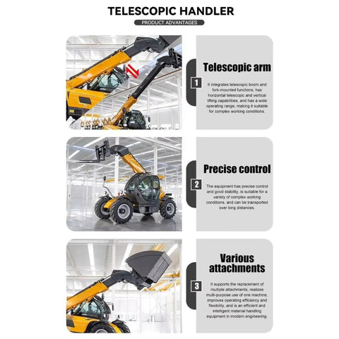 Heavy Duty Four Wheel Drive Telescopic Handler Forklift With Smart Cooling And Butter Smooth Transmission For Tough Industrial Jobs auto leveling electro hydraulic telehandler machine with telescopic arm and controls in a spacious environment.