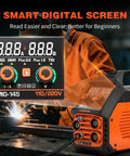 Versatile 5 In 1 Welder For Home Shop 110V 220V Dual Voltage MIG MMA Lift TIG Flux Core with LED digital display and controls.
