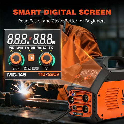 Versatile 5 In 1 Welder For Home Shop 110V 220V Dual Voltage MIG MMA Lift TIG Flux Core with LED digital display and controls.