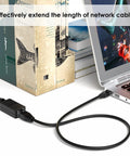 Image showing RJ45 Ethernet Cable Extender Coupler Kit For Cat5 To Cat8 Cables Plug And Play Inline Female Jack Connector connected to laptop.