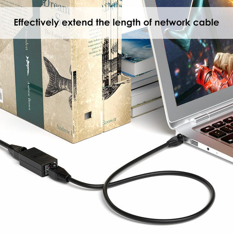 Image showing RJ45 Ethernet Cable Extender Coupler Kit For Cat5 To Cat8 Cables Plug And Play Inline Female Jack Connector connected to laptop.