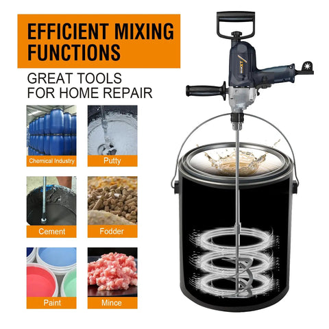 Heavy Duty 9A Handheld Concrete Mixer Drill Mixer With Spade Handle Variable Speed Mud Cement Mixer displayed with mixing functions