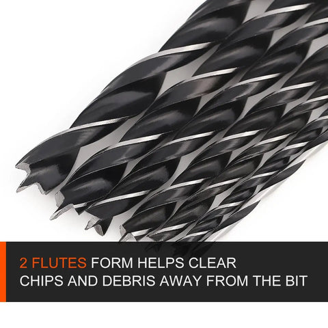 Close-up of Extra Long Brad Point Drill Bit Set For Hardwood And More, Heavy Duty 12 Inch Carbon Steel Wood Bits with 2 flutes design.