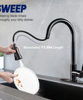Oil Rubbed Bronze Pull Down Kitchen Faucet With Sprayer And Aquablade Sweep, High Arc Design, showing flexible hose in use