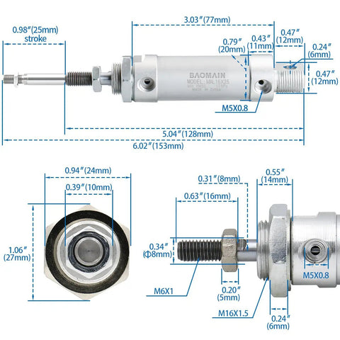 Technical diagram of Compact 16mm Bore Pneumatic Air Cylinder, 25mm Stroke, Double Acting, Single Rod with dimensions and M5 ports