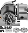 Dead On Precision 5 Inch 3 Jaw Semi Universal Dividing Head For Milling Machines With Easy Adjustments Heavy Duty Cast Iron Frame close view of rotary table with accessories.