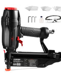 Pro Grade 16 Gauge Finish Nailer Gun Featuring One To Two And Half Inch Capacity And Lightning Fast Ninety Shots Per Minute, detailed view with safety glasses.