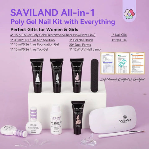 Saviland All-in-1 Poly Gel Nail Kit with gels, UV lamp, nail file, and brush. Hema-Free Poly Gel Nail Kit Starter with UV Lamp and Slip Solution Includes Four Gel Colors Clear Natural Pink White Quick Dry Nourish Nails Durable For 28 Days Dual Forms Brush Clip Top And Base Gels For Easy At Home Salon.