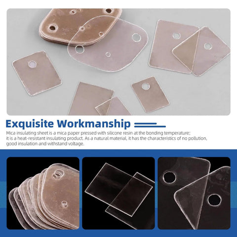 All In One 420 Piece Mica Insulation Pad Kit For TO 220 TO 3P TO 3PL And TO 3P11 Transistors shown with diamond and rectangle washers.