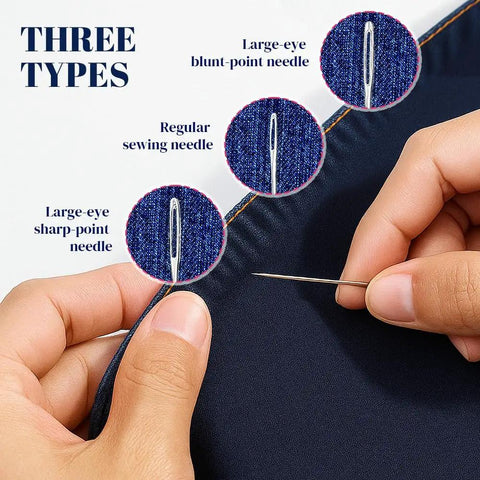Hands using 37 Piece Big Eye Stainless Steel Sewing Needles Kit For Handy Hand Sewing And Leather Repairs Portable Large Eye Needle Set
