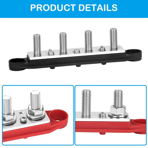 Road Ready Power Distribution Bus Bar With Four M8 Terminal Studs handles 250 Amps On 12V Systems, featuring tinned copper connectors.