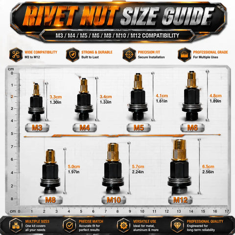 Rivet Nut Size Guide for Heavy Duty Rivet Nut Tool Kit For M3 Through M12 77 Piece Carbon Steel Threaded Insert Set.