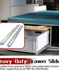 Beefy Heavy Duty 48 Inch Drawer Slides With 500 Lb Capacity Locking Full Extension Ball Bearing Rails For Tool Chests Workbenches Truck And RV Cabinets For Systems, shown installed in a RV drawer