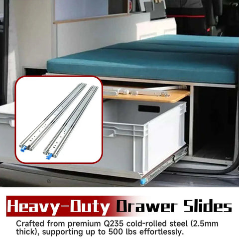 Beefy Heavy Duty 48 Inch Drawer Slides With 500 Lb Capacity Locking Full Extension Ball Bearing Rails For Tool Chests Workbenches Truck And RV Cabinets For Systems, shown installed in a RV drawer