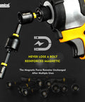 Magnetic Impact Nut Driver Set With SAE And Metric Deep Sockets attached to power tool, showcasing magnetic feature for Pro Mechanics and DIYers