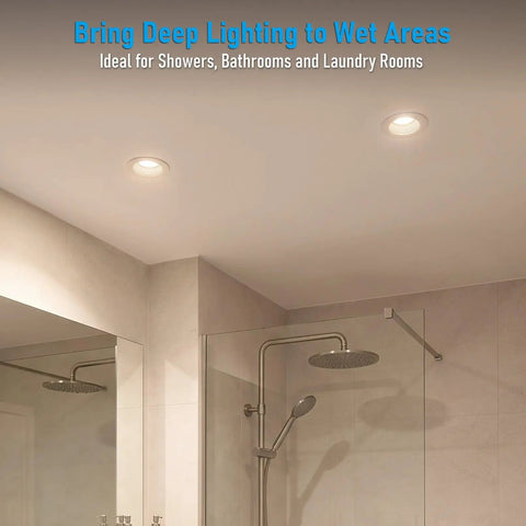 TORCHSTAR 6-Pack 5CCT 4 Inch LED Recessed Lighting, Anti-Glare, CRI90 installed in a wet area, ideal for showers and bathrooms.