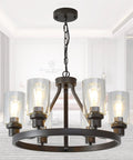 Farmhouse Round 6-Light Chandelier In Oil Rubbed Bronze With Glass Shade hanging in a modern room setting