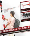 Woman using Beast 850W Drywall Sander With Vacuum Dust Collector LED Work Light Folding Extendable Handle Six Speed Settings 800 To 1750 RPM Dustless Popcorn Ceiling Removal Tool With 6 Sanding Discs.