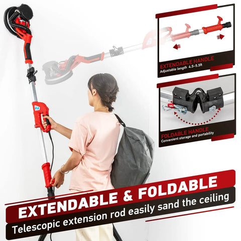 Woman using Beast 850W Drywall Sander With Vacuum Dust Collector LED Work Light Folding Extendable Handle Six Speed Settings 800 To 1750 RPM Dustless Popcorn Ceiling Removal Tool With 6 Sanding Discs.