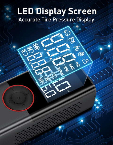 Portable Tire Inflator Air Compressor 150 PSI Cordless Pump With LED Light And Digital Pressure Gauge display screen